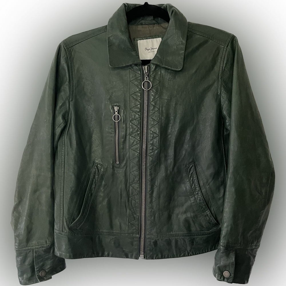 Pepe Jeans Leather Bomber Jacket Moto green womens L goth grunge coat biker